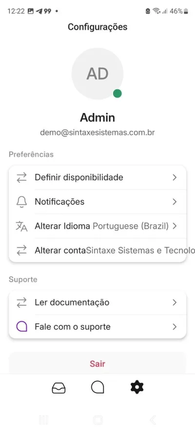 Menu de configurações do atendente